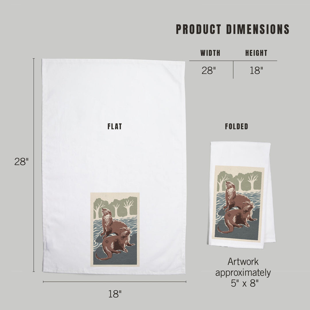 River Otters, Woodblock Print, Organic Cotton Kitchen Tea Towels Kitchen Lantern Press 