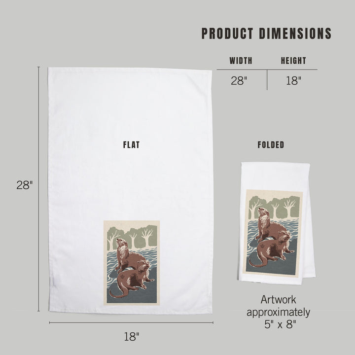River Otters, Woodblock Print, Organic Cotton Kitchen Tea Towels Kitchen Lantern Press 