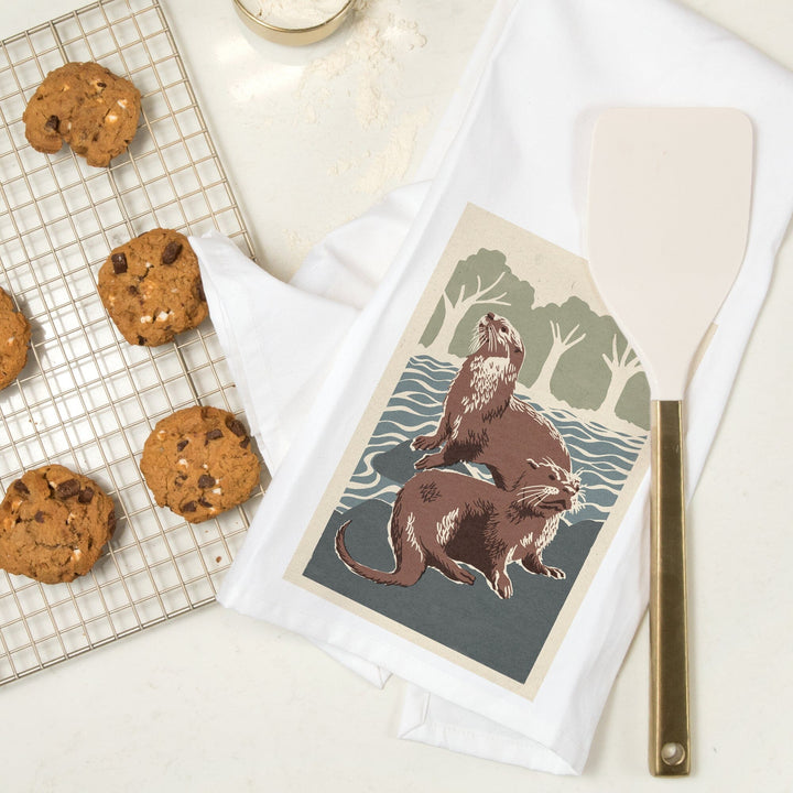 River Otters, Woodblock Print, Organic Cotton Kitchen Tea Towels Kitchen Lantern Press 