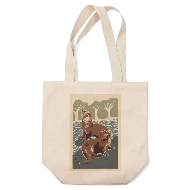 River Otters, Woodblock Print, Tote Bag Totes Lantern Press 