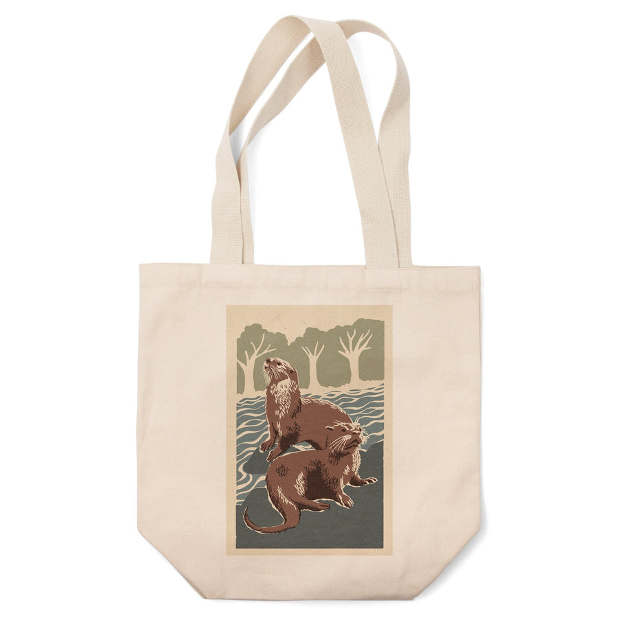 River Otters, Woodblock Print, Tote Bag Totes Lantern Press 