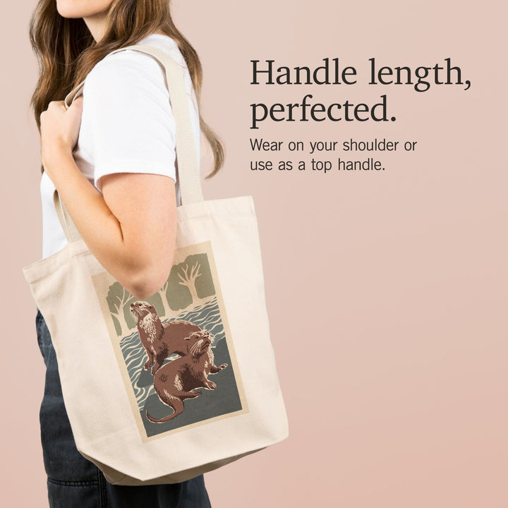 River Otters, Woodblock Print, Tote Bag Totes Lantern Press 