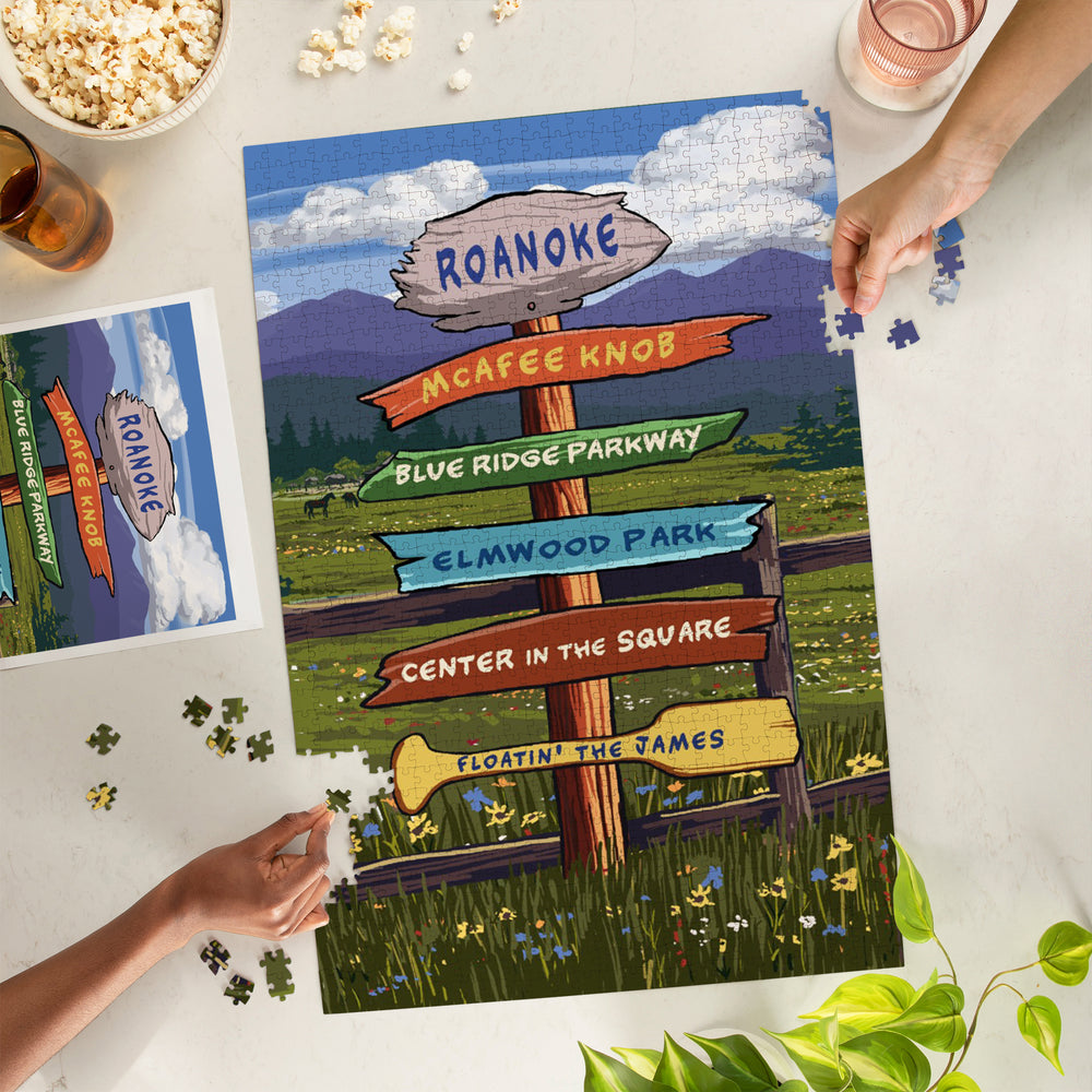 Roanoke, Virginia, Destination Signpost, Jigsaw Puzzle Puzzle Lantern Press 