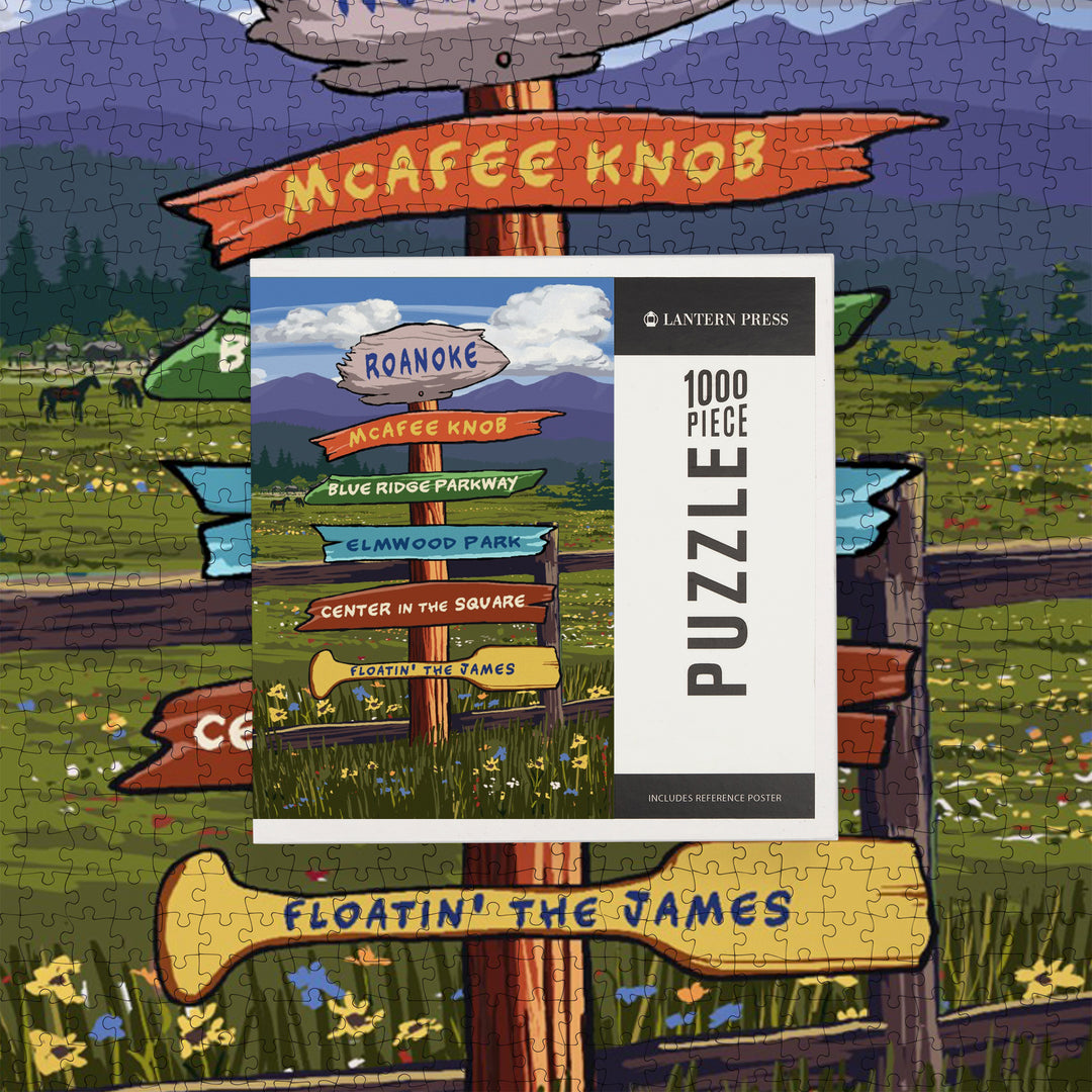 Roanoke, Virginia, Destination Signpost, Jigsaw Puzzle Puzzle Lantern Press 
