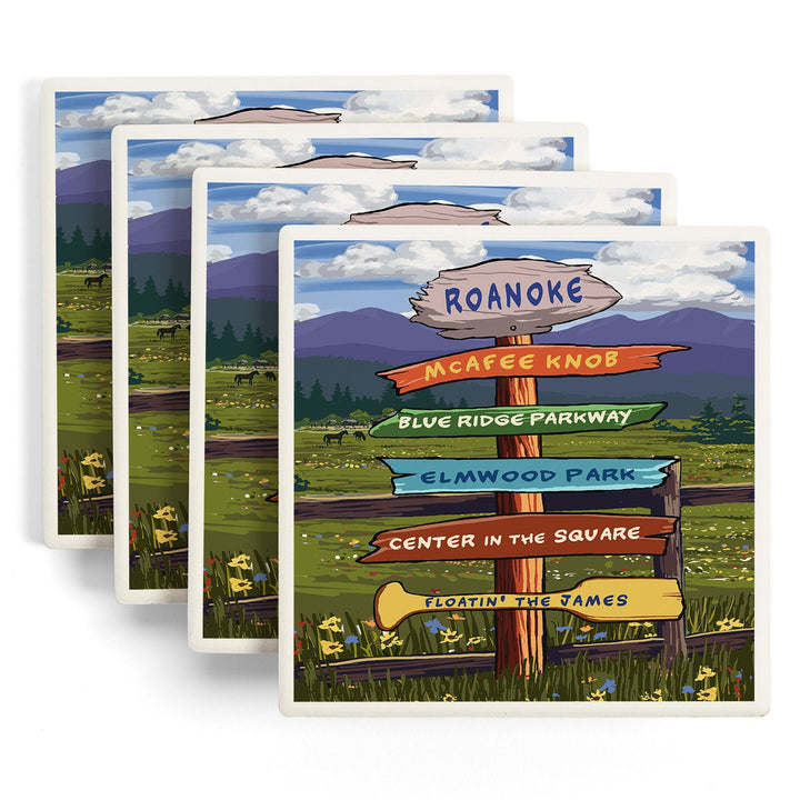 Roanoke, Virginia, Destination Signpost, Lantern Press Artwork, Coaster Set Coasters Lantern Press 