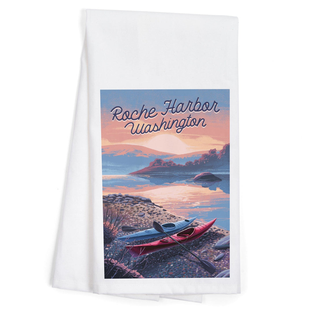 Roche Harbor, Washington, Get Outside Series, Glassy Sunrise, Kayak, Organic Cotton Kitchen Tea Towels Kitchen Lantern Press 