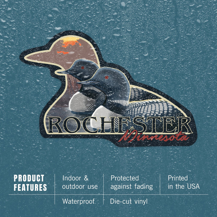 Rochester, Minnesota, Loons and Sunset, Contour, Vinyl Sticker Sticker Lantern Press 