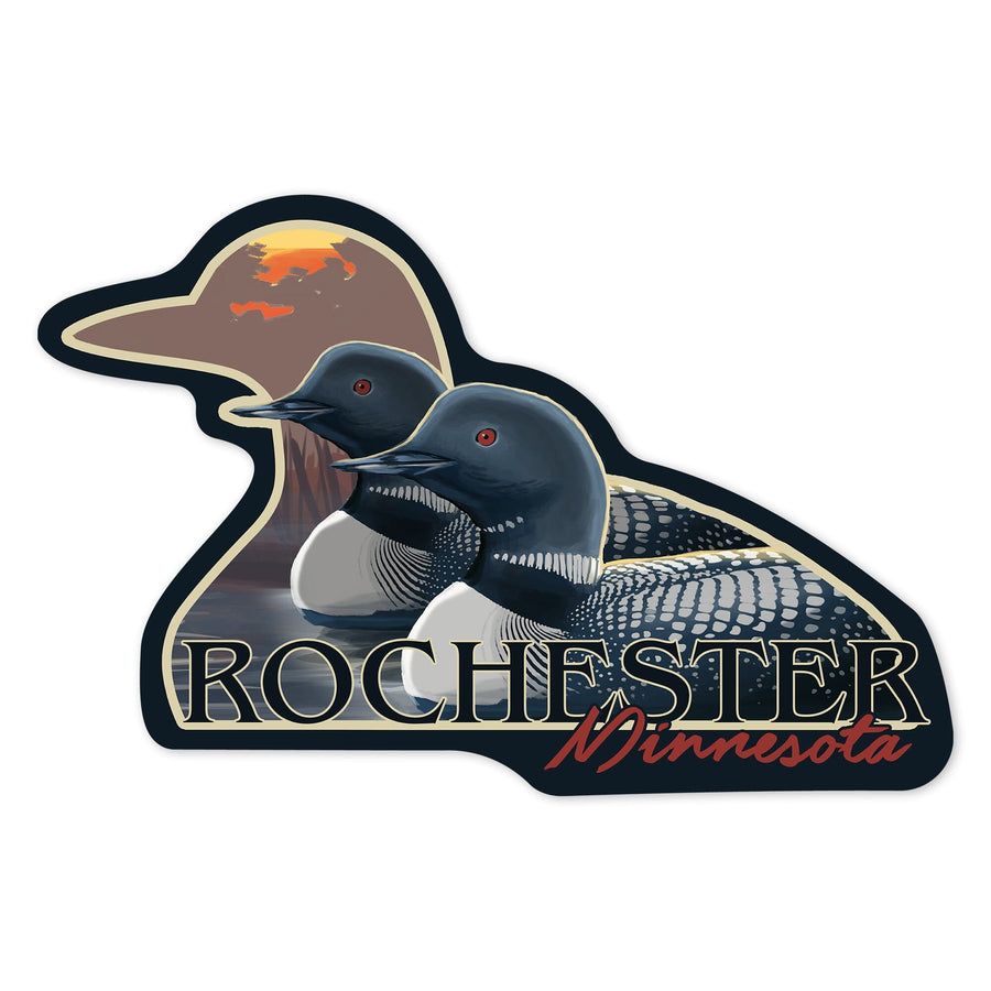 Rochester, Minnesota, Loons and Sunset, Contour, Vinyl Sticker Sticker Lantern Press 