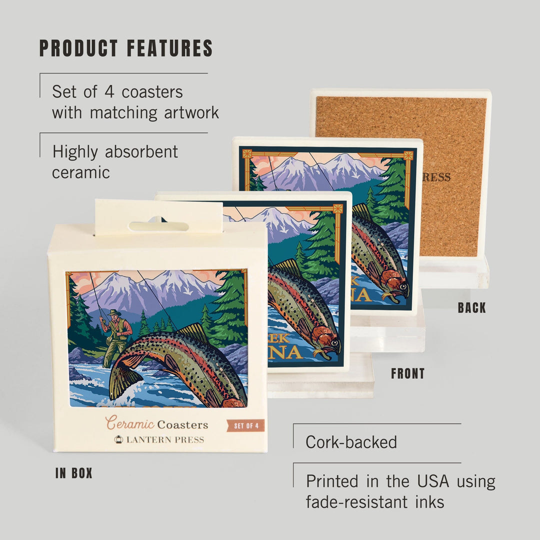 Rock Creek, Montana, Fly Fishing Scene, Lantern Press Artwork, Coaster Set Coasters Lantern Press 