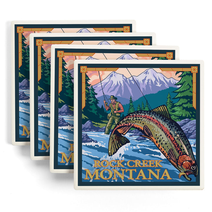 Rock Creek, Montana, Fly Fishing Scene, Lantern Press Artwork, Coaster Set Coasters Lantern Press 