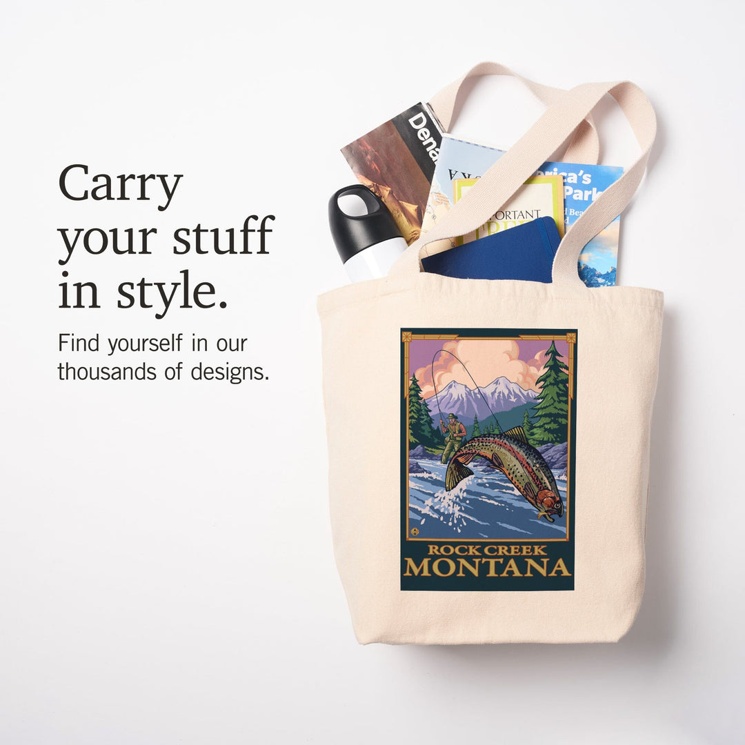 Rock Creek, Montana, Fly Fishing Scene, Lantern Press Artwork, Tote Bag Totes Lantern Press 