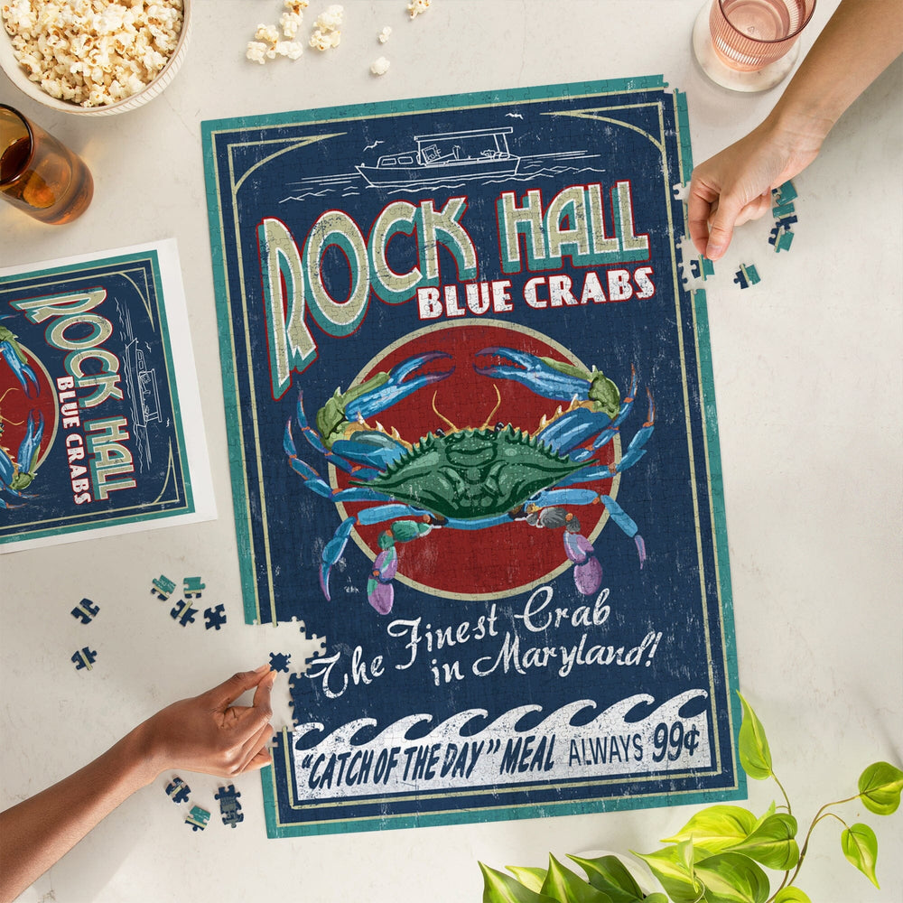 Rock Hall, Maryland, Blue Crabs Vintage Sign, Jigsaw Puzzle Puzzle Lantern Press 