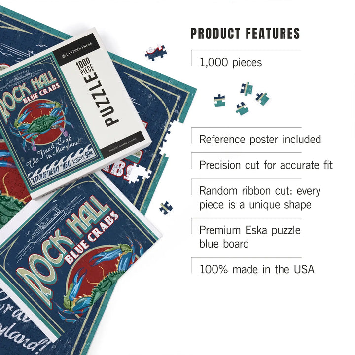 Rock Hall, Maryland, Blue Crabs Vintage Sign, Jigsaw Puzzle Puzzle Lantern Press 