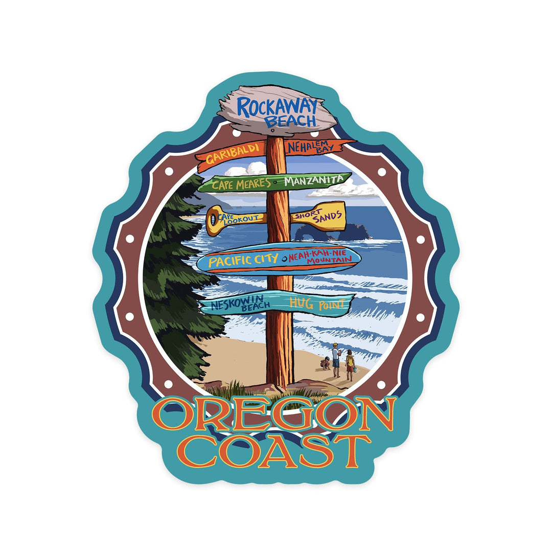 Rockaway Beach, Oregon, Destination Signpost, Contour, Vinyl Sticker Sticker Lantern Press 