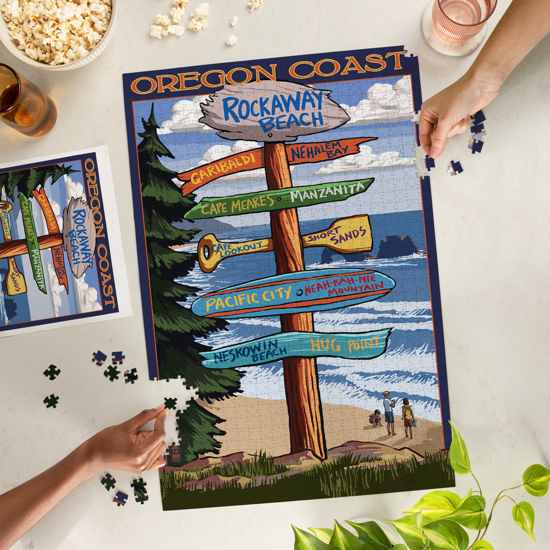 Rockaway Beach, Oregon, Destinations Sign, Jigsaw Puzzle Puzzle Lantern Press 