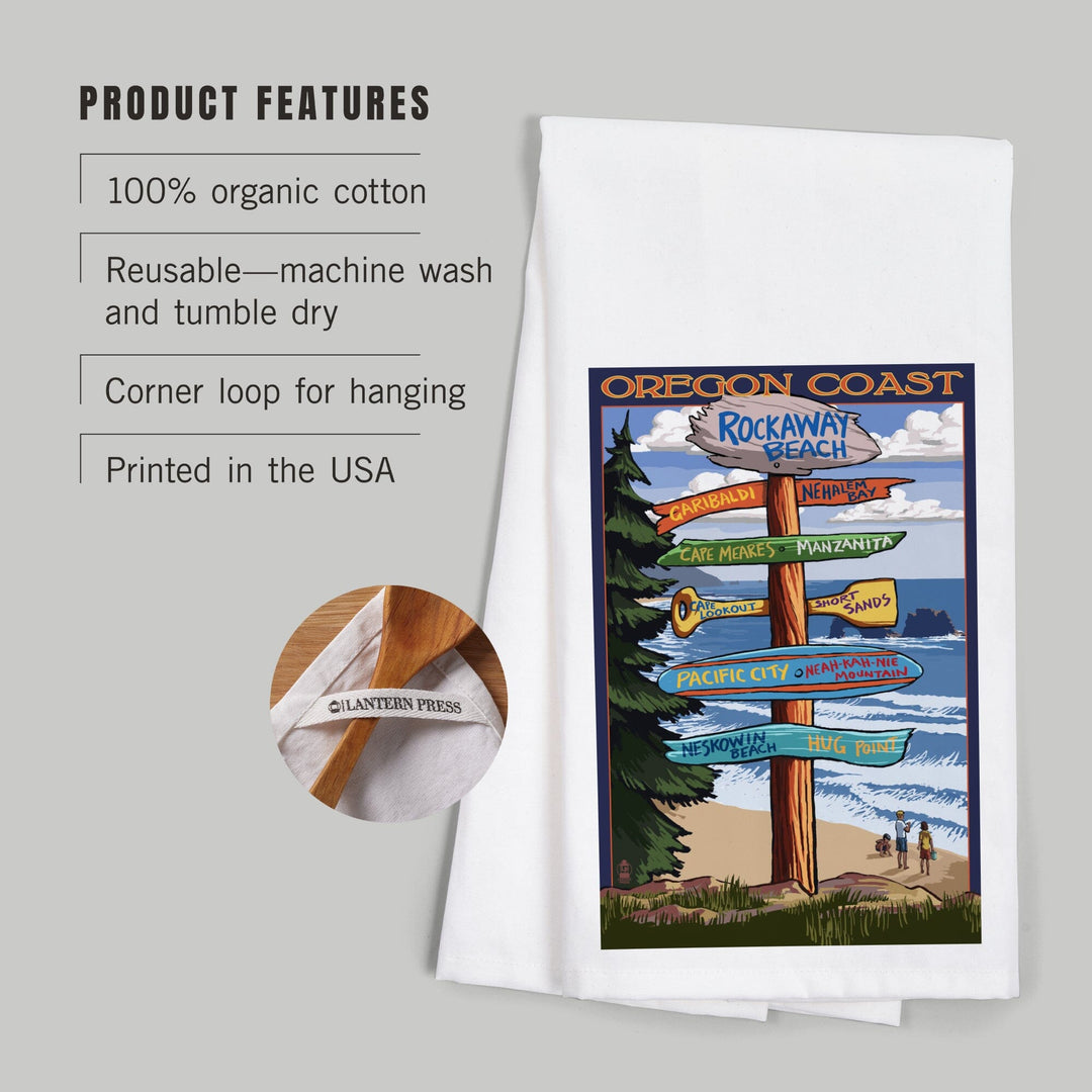 Rockaway Beach, Oregon, Destinations Sign, Organic Cotton Kitchen Tea Towels Kitchen Lantern Press 