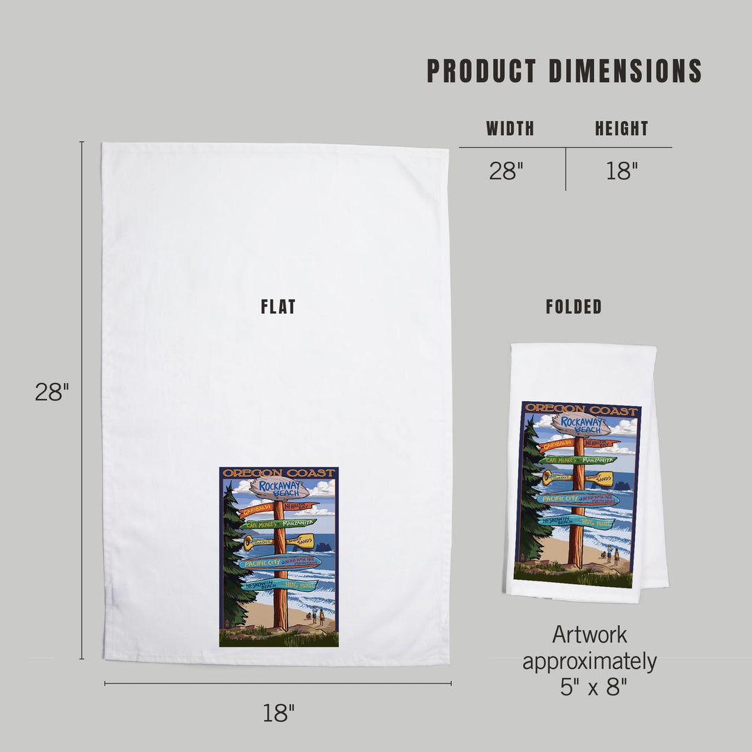 Rockaway Beach, Oregon, Destinations Sign, Organic Cotton Kitchen Tea Towels Kitchen Lantern Press 
