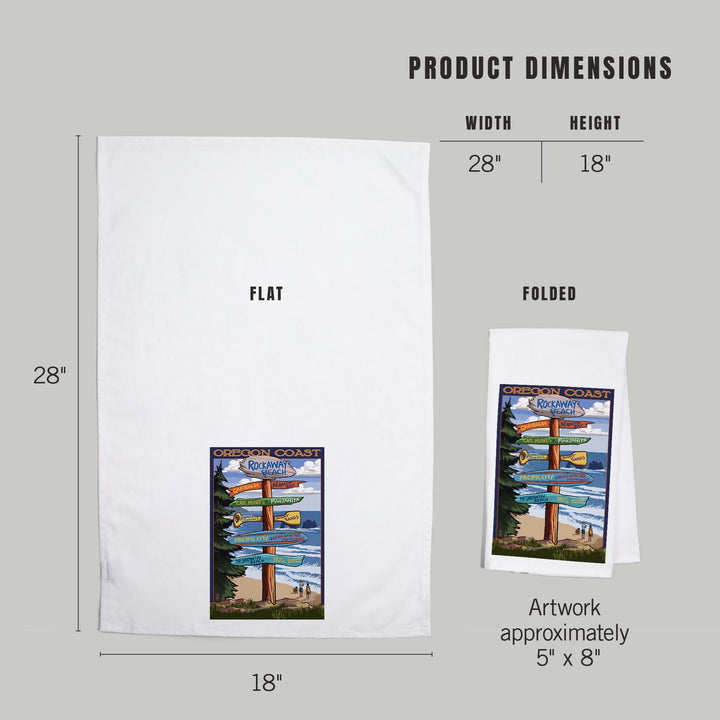 Rockaway Beach, Oregon, Destinations Sign, Organic Cotton Kitchen Tea Towels Kitchen Lantern Press 