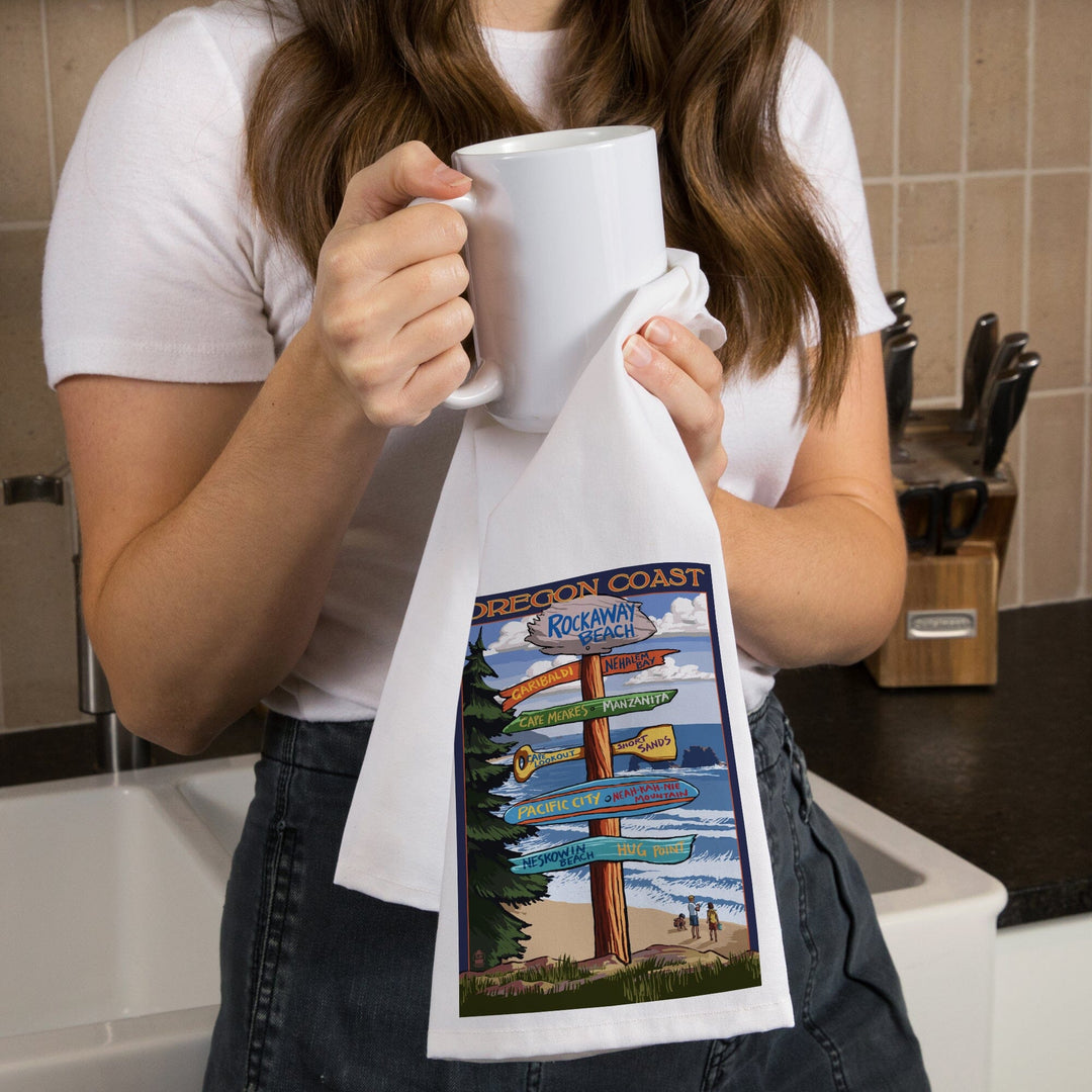 Rockaway Beach, Oregon, Destinations Sign, Organic Cotton Kitchen Tea Towels Kitchen Lantern Press 