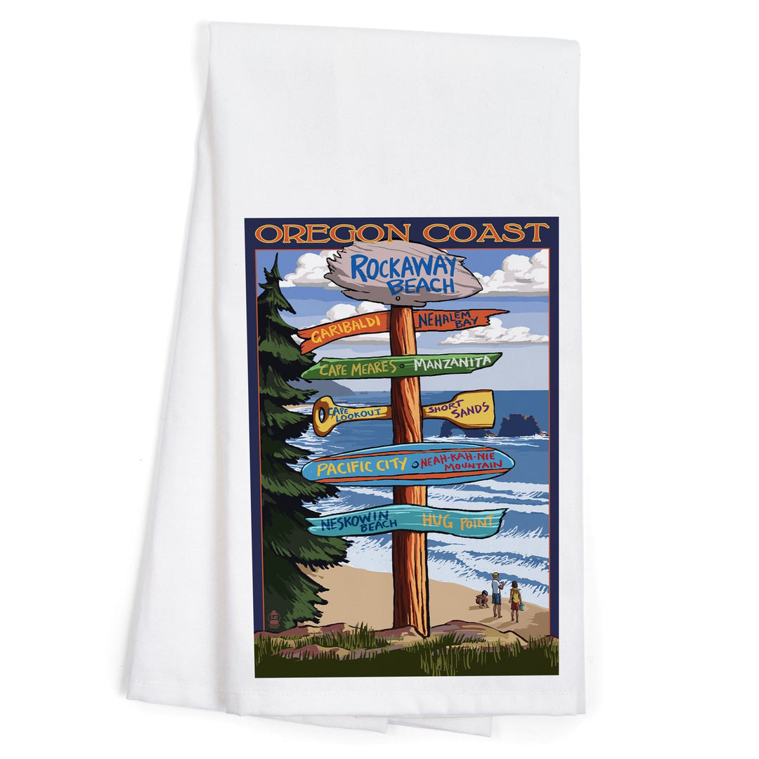 Rockaway Beach, Oregon, Destinations Sign, Organic Cotton Kitchen Tea Towels Kitchen Lantern Press 