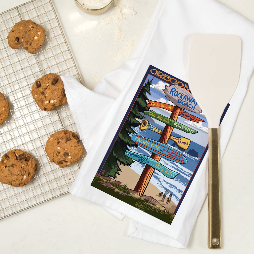Rockaway Beach, Oregon, Destinations Sign, Organic Cotton Kitchen Tea Towels Kitchen Lantern Press 