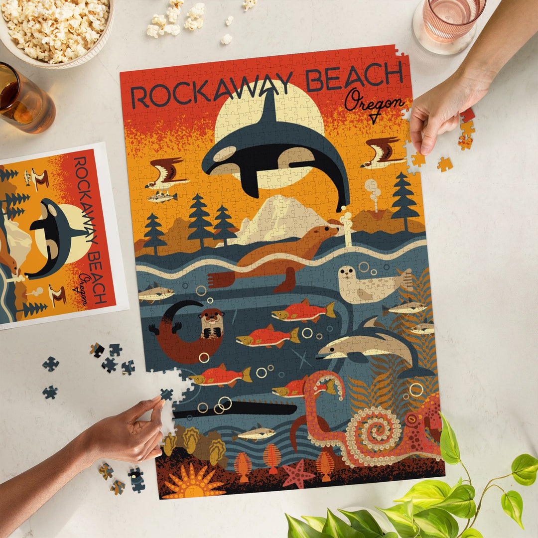 Rockaway Beach, Oregon, Marine Animals, Geometric, Jigsaw Puzzle Puzzle Lantern Press 