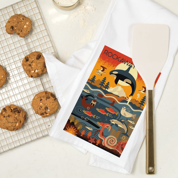Rockaway Beach, Oregon, Marine Animals, Geometric, Organic Cotton Kitchen Tea Towels Kitchen Lantern Press 
