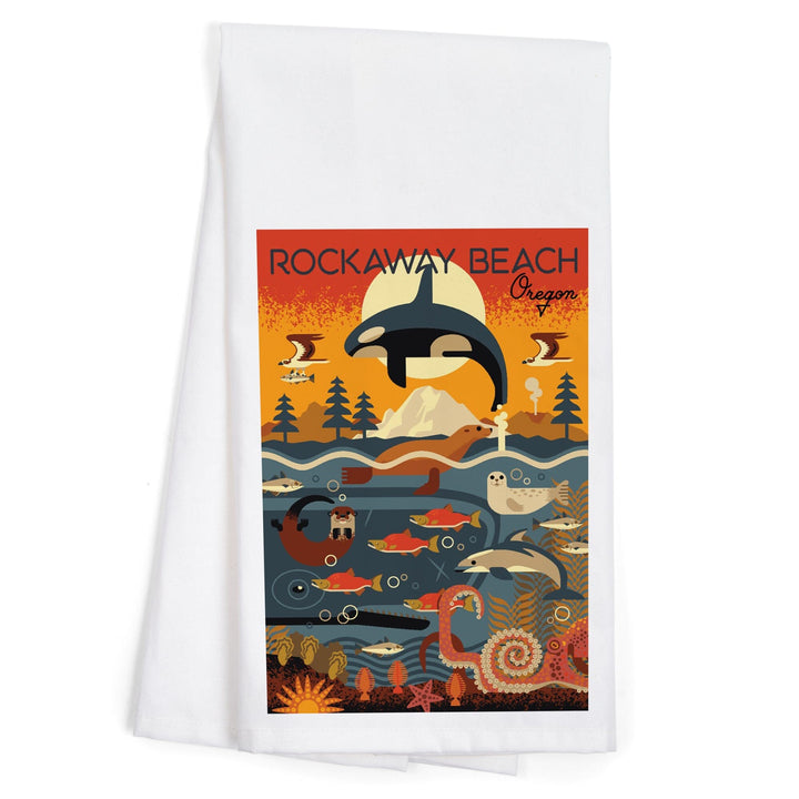 Rockaway Beach, Oregon, Marine Animals, Geometric, Organic Cotton Kitchen Tea Towels Kitchen Lantern Press 