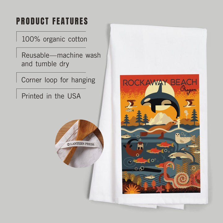 Rockaway Beach, Oregon, Marine Animals, Geometric, Organic Cotton Kitchen Tea Towels Kitchen Lantern Press 