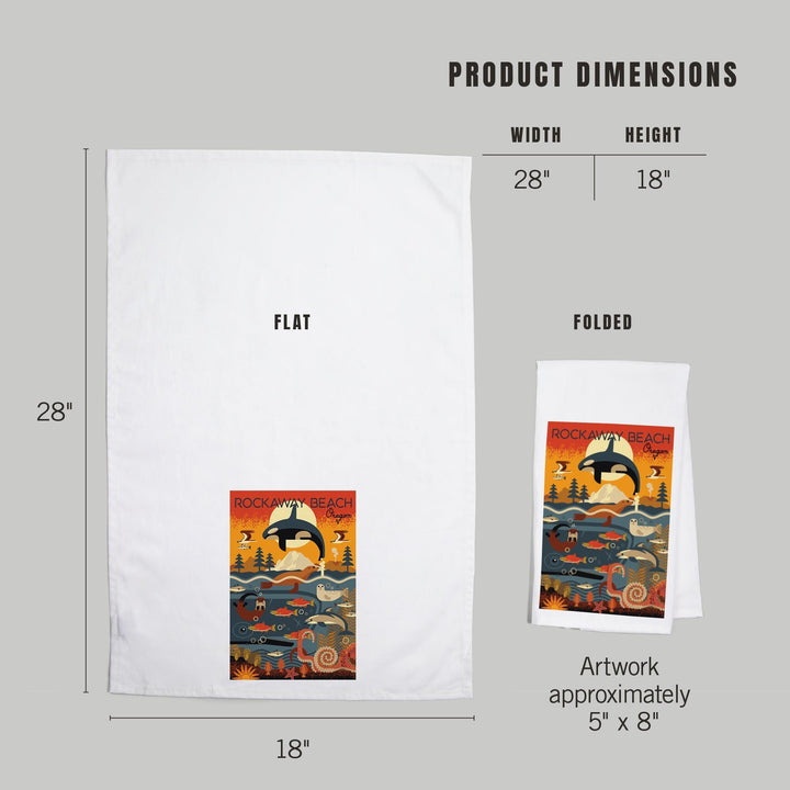 Rockaway Beach, Oregon, Marine Animals, Geometric, Organic Cotton Kitchen Tea Towels Kitchen Lantern Press 