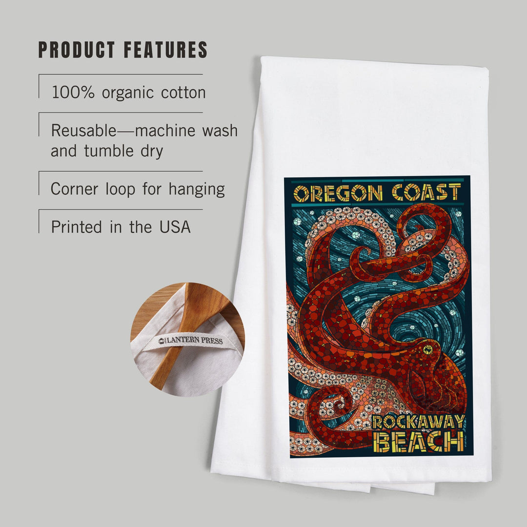 Rockaway Beach, Oregon, Mosaic Octopus, Organic Cotton Kitchen Tea Towels Kitchen Lantern Press 