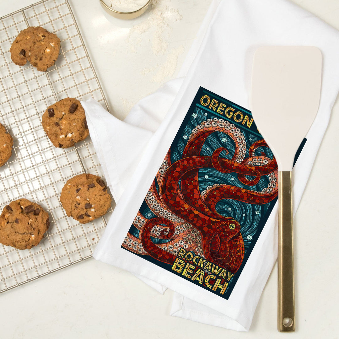 Rockaway Beach, Oregon, Mosaic Octopus, Organic Cotton Kitchen Tea Towels Kitchen Lantern Press 