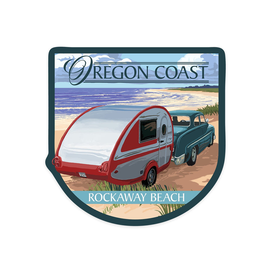 Rockaway Beach, Oregon, Retro Camper on Beach, Contour, Vinyl Sticker Sticker Lantern Press 