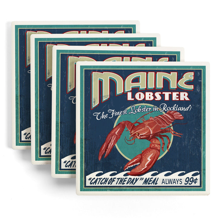 Rockland, Maine, Lobster Vintage Sign, Coasters Coasters Lantern Press 