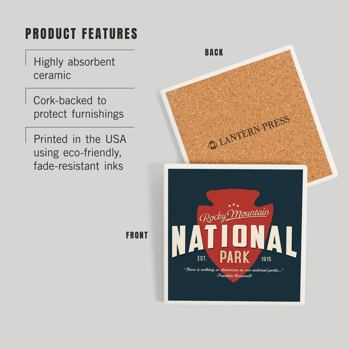 Rocky Mountain National Park, America's National Park, Distressed Typography, Navy Press, Coasters Coasters Lantern Press 