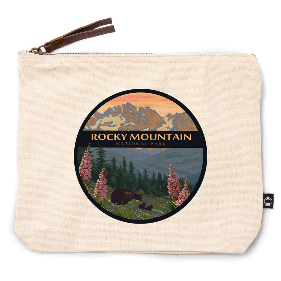 Rocky Mountain National Park, Bear Family and Spring Flowers,, Organic Cotton Zipper Pouch, Go Bag Go Bag Lantern Press 