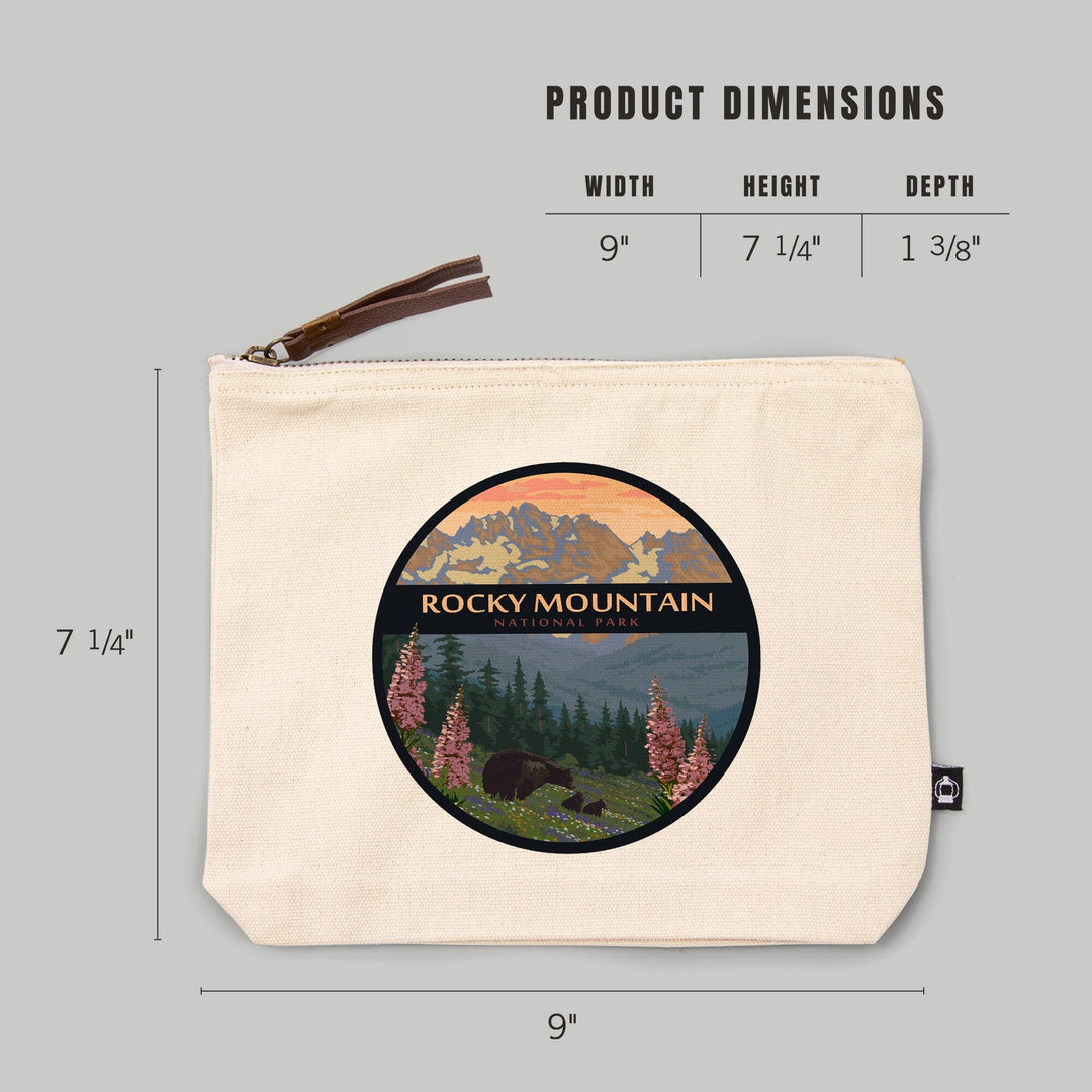 Rocky Mountain National Park, Bear Family and Spring Flowers,, Organic Cotton Zipper Pouch, Go Bag Go Bag Lantern Press 