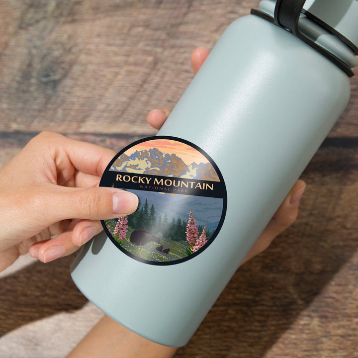 Rocky Mountain National Park, Bear Family & Spring Flowers, Contour, Lantern Press Artwork, Vinyl Sticker Sticker Lantern Press 