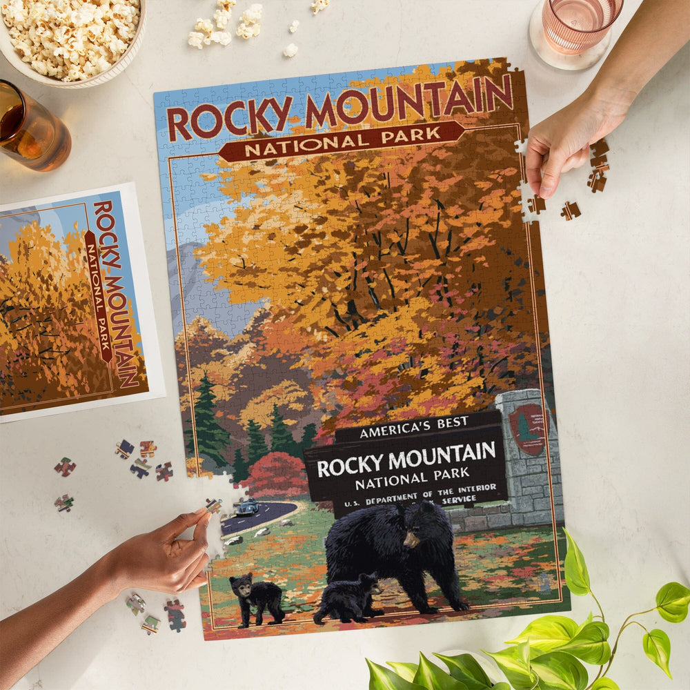 Rocky Mountain National Park, Black Bear and Cubs at Entrance, Jigsaw Puzzle Puzzle Lantern Press 