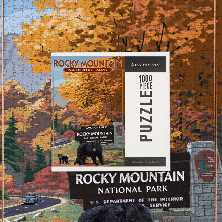 Rocky Mountain National Park, Black Bear and Cubs at Entrance, Jigsaw Puzzle Puzzle Lantern Press 