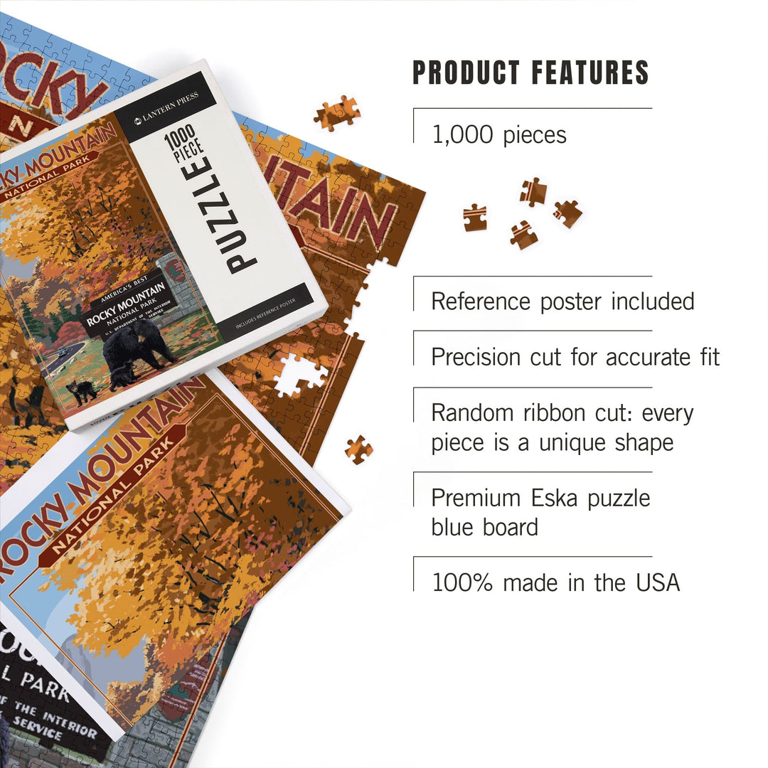 Rocky Mountain National Park, Black Bear and Cubs at Entrance, Jigsaw Puzzle Puzzle Lantern Press 