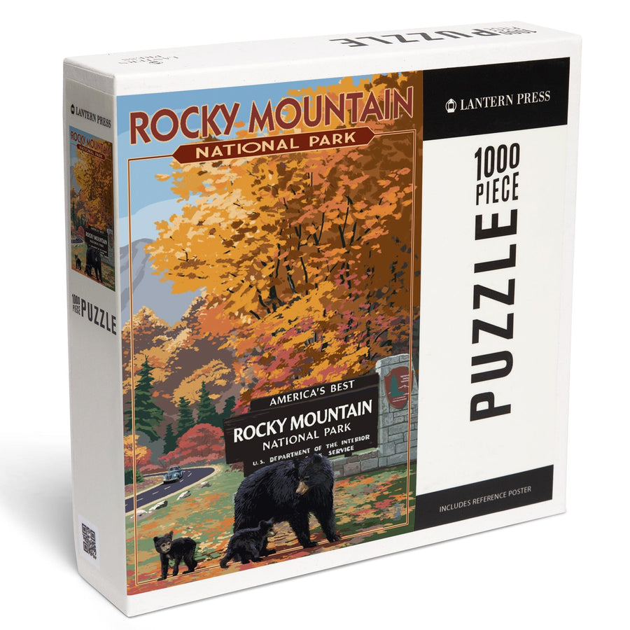 Rocky Mountain National Park, Black Bear and Cubs at Entrance, Jigsaw Puzzle Puzzle Lantern Press 
