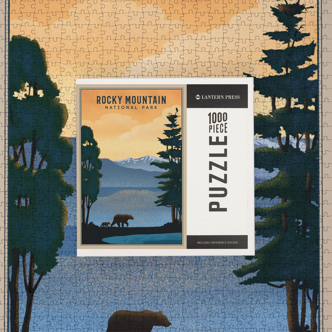 Rocky Mountain National Park, Black Bear and Lake, Lithograph, Jigsaw Puzzle Puzzle Lantern Press 