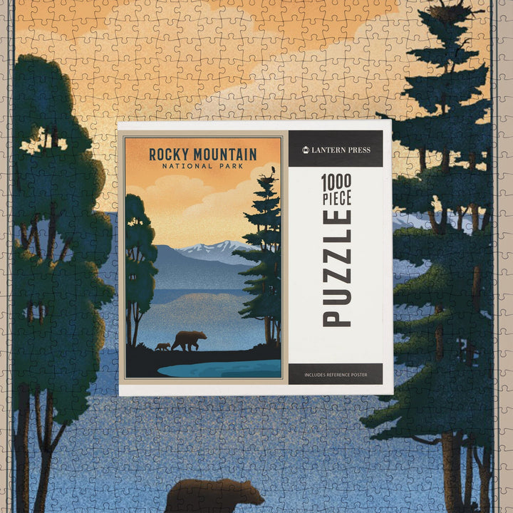 Rocky Mountain National Park, Black Bear and Lake, Lithograph, Jigsaw Puzzle Puzzle Lantern Press 