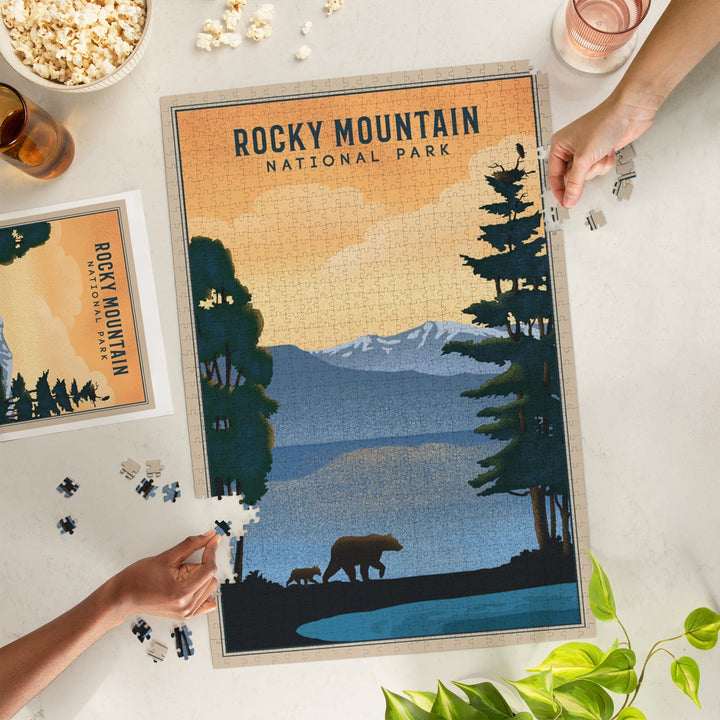 Rocky Mountain National Park, Black Bear and Lake, Lithograph, Jigsaw Puzzle Puzzle Lantern Press 
