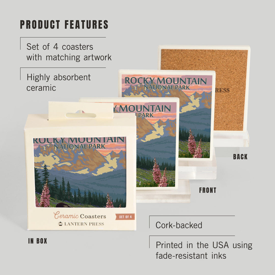Rocky Mountain National Park, Colorado, Bear and Cubs with Flowers, Coasters Coasters Lantern Press 