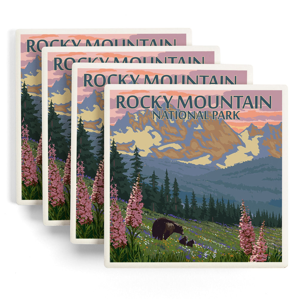 Rocky Mountain National Park, Colorado, Bear and Cubs with Flowers, Coasters Coasters Lantern Press 