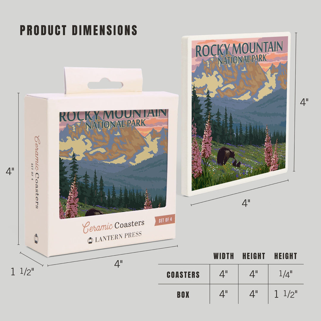 Rocky Mountain National Park, Colorado, Bear and Cubs with Flowers, Coasters Coasters Lantern Press 