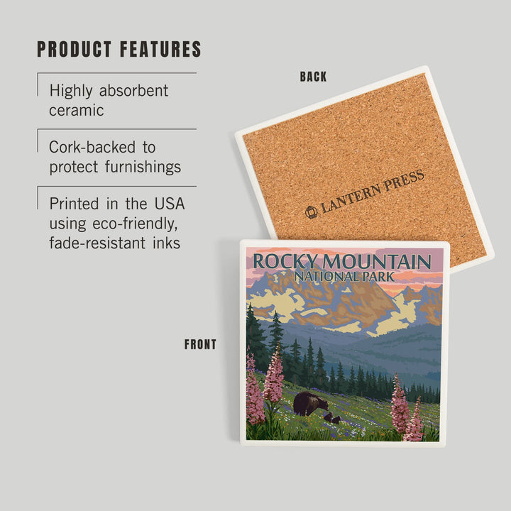 Rocky Mountain National Park, Colorado, Bear and Cubs with Flowers, Coasters Coasters Lantern Press 