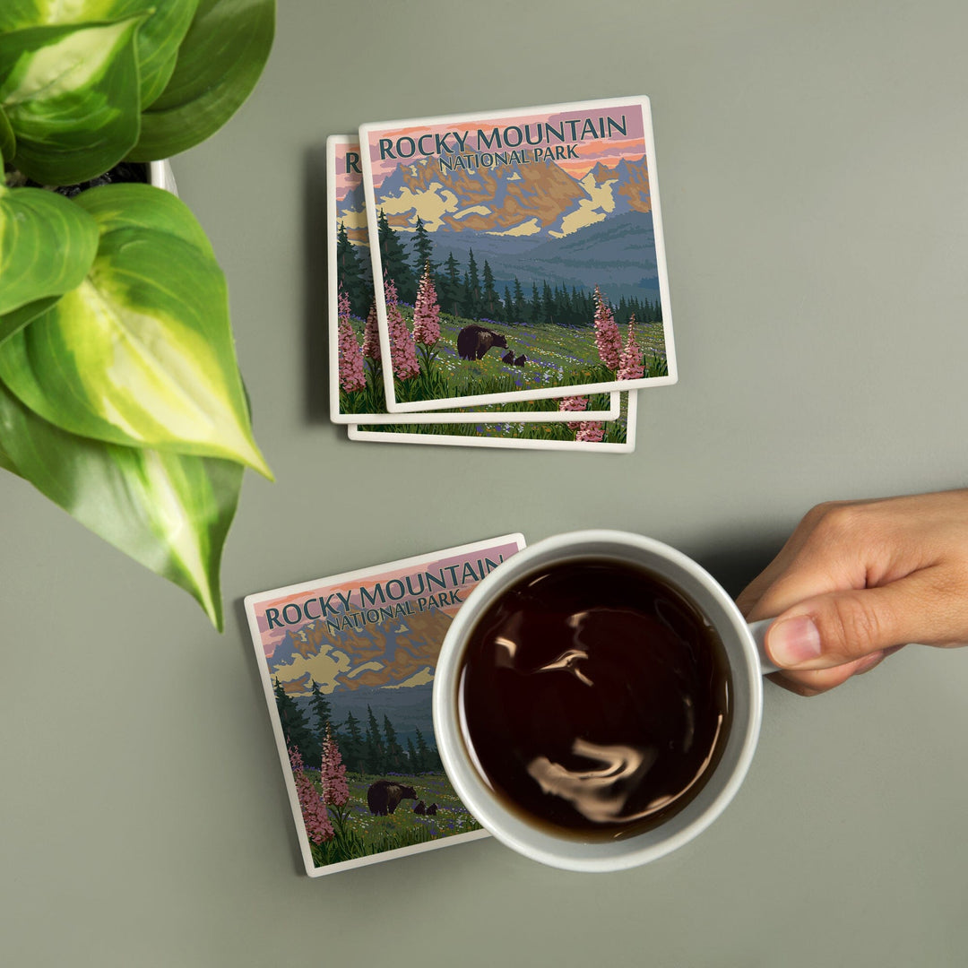 Rocky Mountain National Park, Colorado, Bear and Cubs with Flowers, Coasters Coasters Lantern Press 
